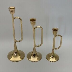 Vintage Brass Bugle Horn Trumpet Christmas Candlesticks Candle Holders Lot of 3